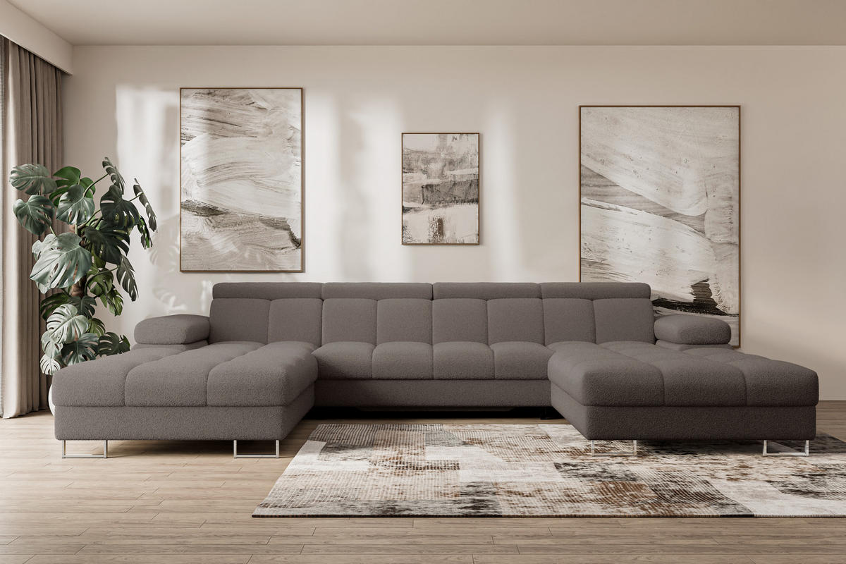 WOHNLANDSCHAFT mit Schlaffunktion und Bettkasten COMA U2 345x203x79 Braun Bouclé - Dunkelbraun, Holzwerkstoff/Textil (345/79/203cm) - ALTDECOR
