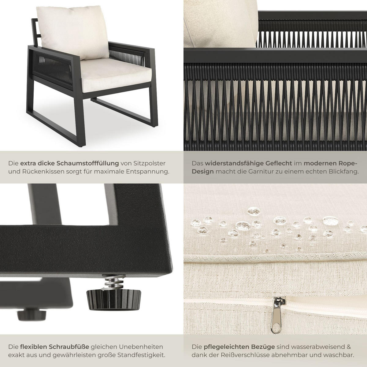 ALUMINIUM GARTEN-LOUNGE SET Captive, höhenverstellbare Füße, anthrazit - Anthrazit, Kunststoff/Metall - tectake