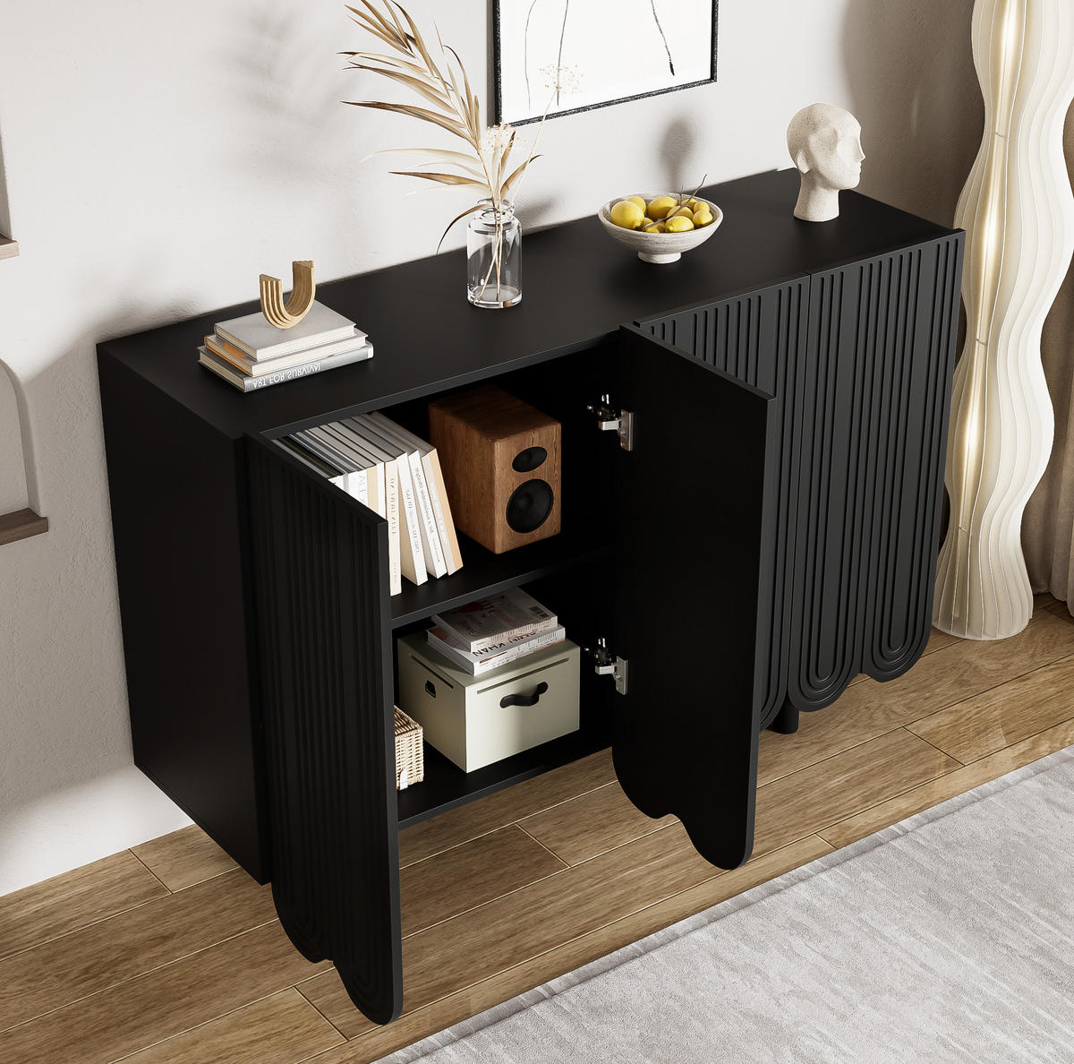 SIDEBOARD 4-türig aus MDF in Schwarz mit tropfenförmigen Schnitzereien und Soft-Close-Scharnieren, 120/37,5/80,8 cm, Schwarz - Schwarz, Holzwerkstoff (120/37.5/80.8cm) - Redom