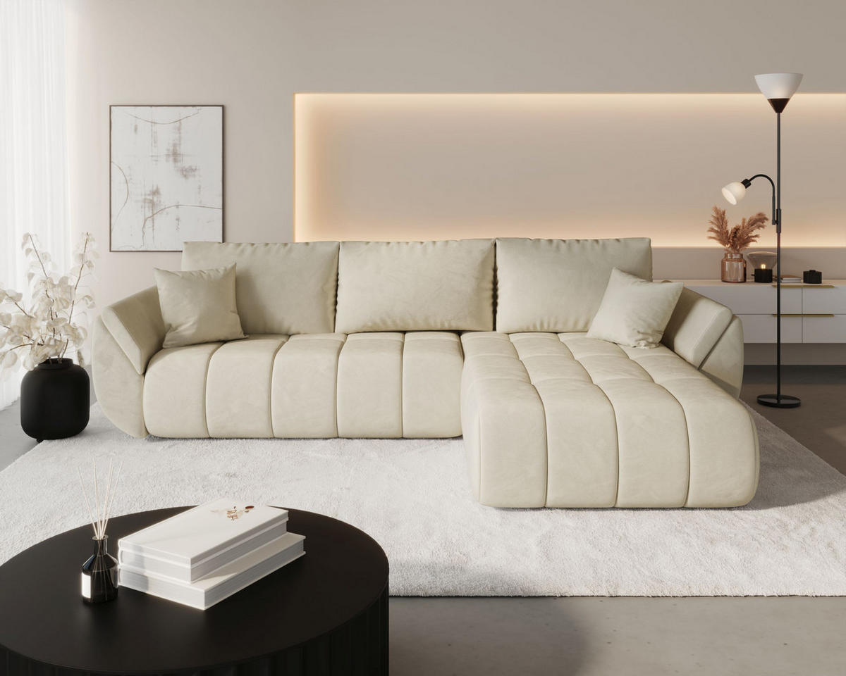 ECKSOFA SYDNEY PREMIUM rechts beige Velours Monolith 2 - Schlaffunktion, Bettkasten - Beige, Textil (280/185cm) - Cornero