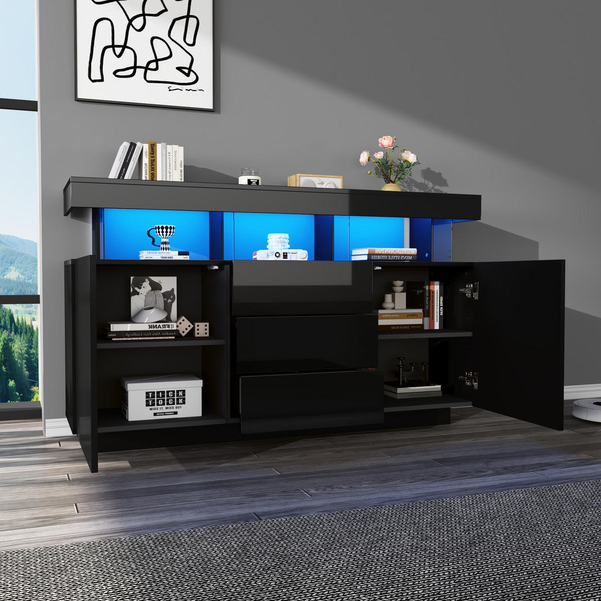 SIDEBOARD Hochglanz mit LED-Beleuchtung, Acryl-Details und 3 Schubladen 140/35/80 cm - Schwarz, Holzwerkstoff/Kunststoff (140/80/35cm) - EVRYAE