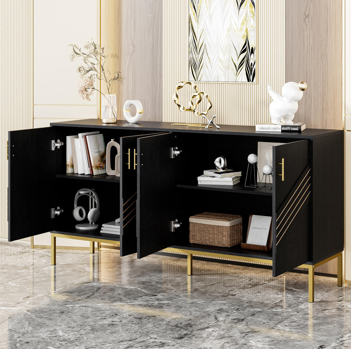 KOMMODE aus MDF 160x40x80,5cm in Schwarz Holzoptik mit 4 Türen - Schwarz, Holzwerkstoff (160/80.5/40cm) - Modfu