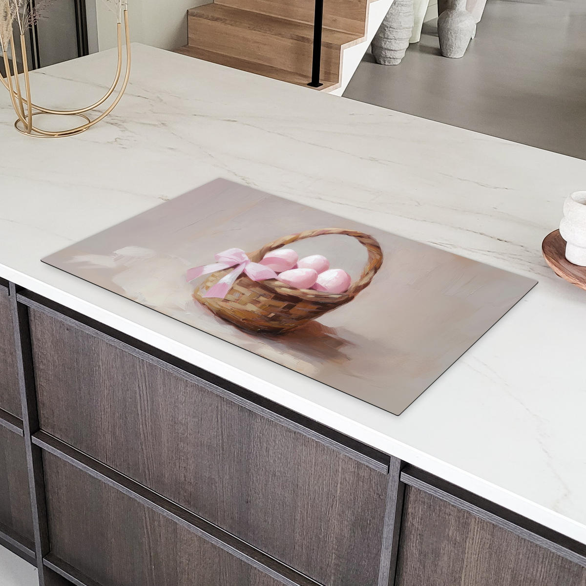 HERDABDECKPLATTE Korb - Eier - Rosa Induktionsschutz 91.2x52 cm - Beige, Kunststoff (91.2/52/0.2cm) - MuchoWow