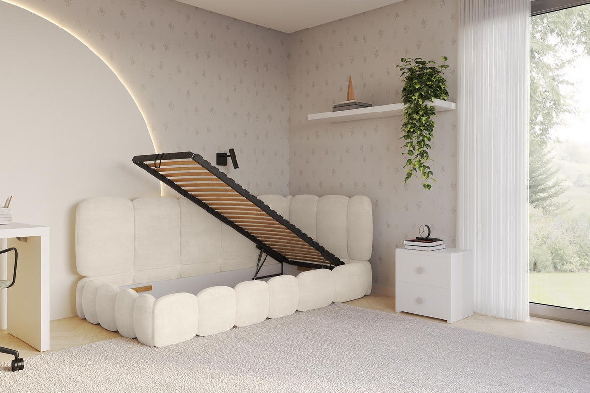 EINZELLBETT Jugendbett mit Bettkasten und Matratze H3/H4, Links - AVRY 80x200 Beige - Beige, Holzwerkstoff/Textil (80/200cm) - ALTDECOR