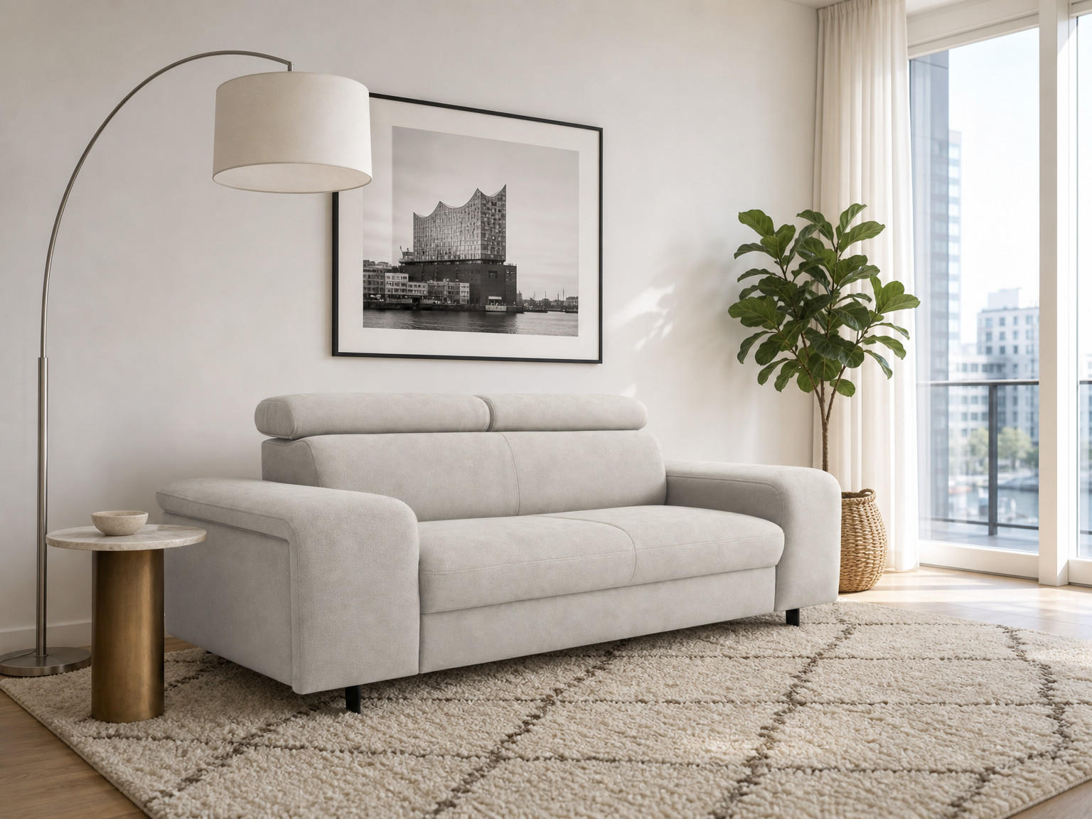 2,5-SITZER Vaasa Flachgewebe Grau klappb. Kopfstützen 198/100/81 cm - Hellgrau, Kunststoff/Textil (198/81/70cm) - foamnova
