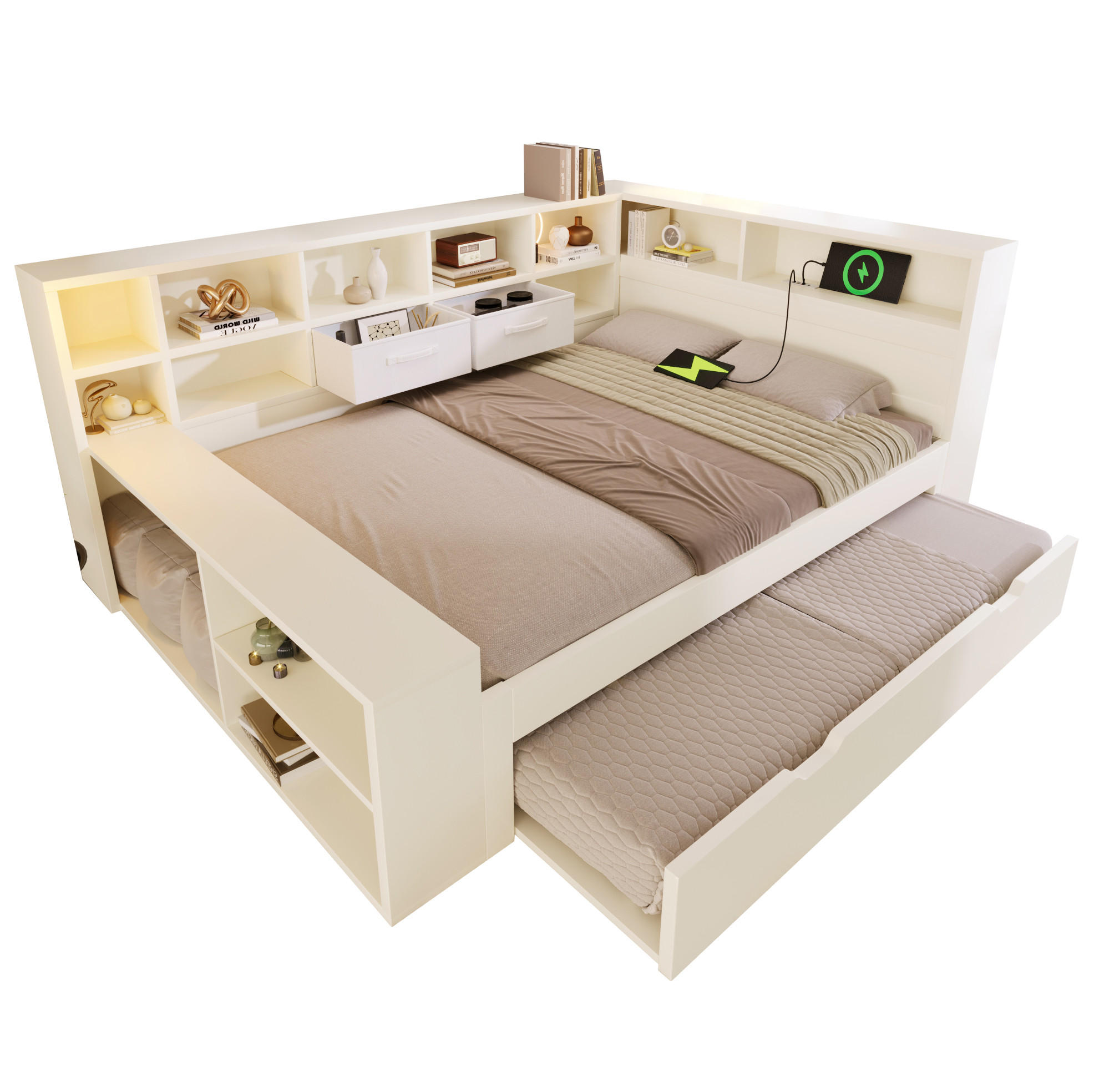 BETT 140/200 cm in Weiß mit Stauraum und USB- und Type-C-Anschlüssen - Weiß, Holz (140/200cm) - Flora Grace