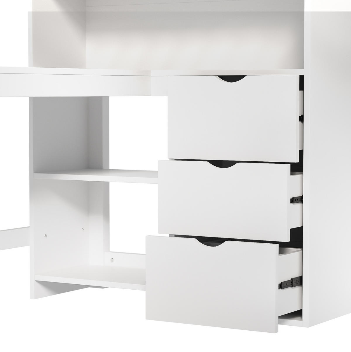 HOCHBETT 140/200 cm, Weiß mit Schreibtisch, 3 Schubladen, ohne Matratze - Weiß, Holzwerkstoff (140/200cm) - MIVRAY