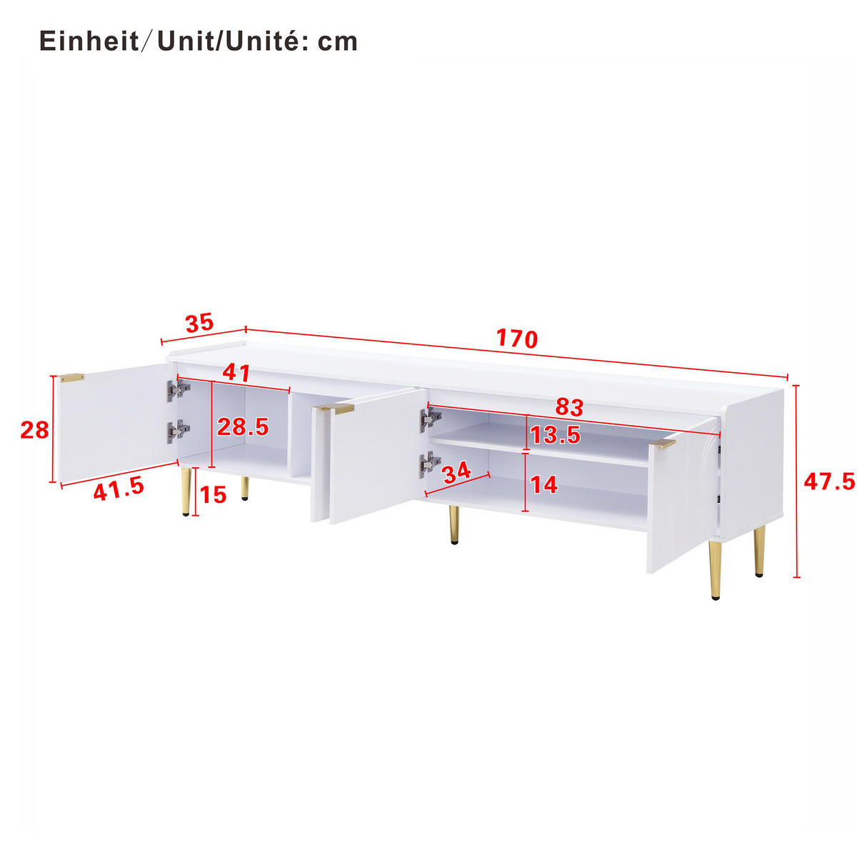 TV-LOWBOARD aus MDF 170x35x47,5 cm Weiß mit Stauraum, Kabeldurchführung und goldfarbenen Metallfüßen - Weiß, Holzwerkstoff (170/47.5/35cm) - IVMEU