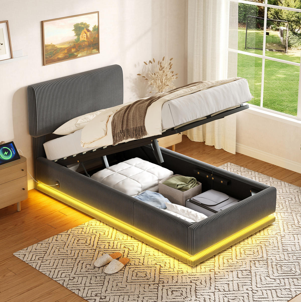POLSTERBETT mit LED, USB-C und Stauraum 90x200 cm Cord Dunkelgrau - Dunkelgrau, Metall (90/200cm) - Meubliv