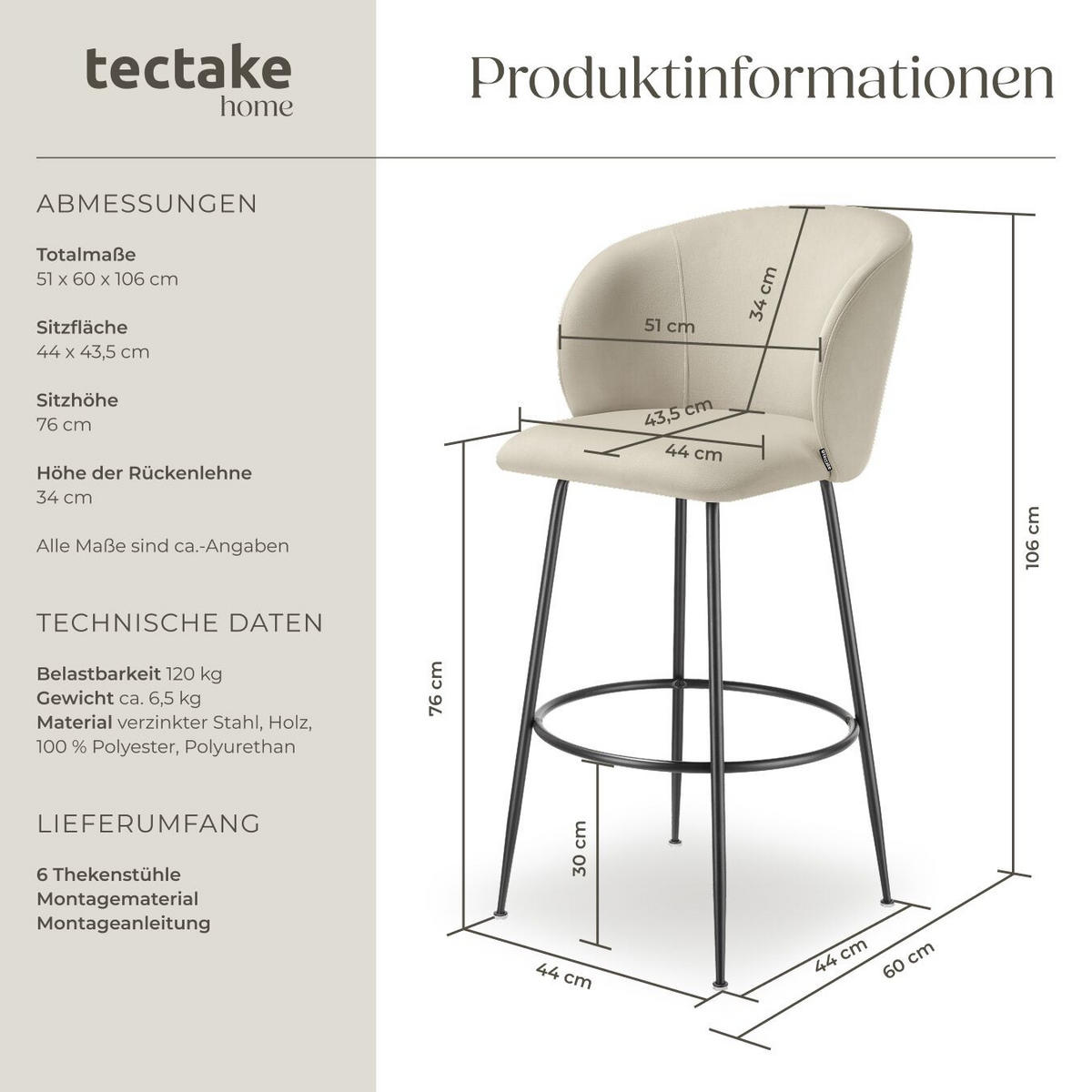 BARSTUHL Luana, 51 x 60 x 106 cm, Belastbarkeit 120 kg, creme/schwarz - Creme/Schwarz, Kunststoff/Textil (51/106/60cm) - tectake