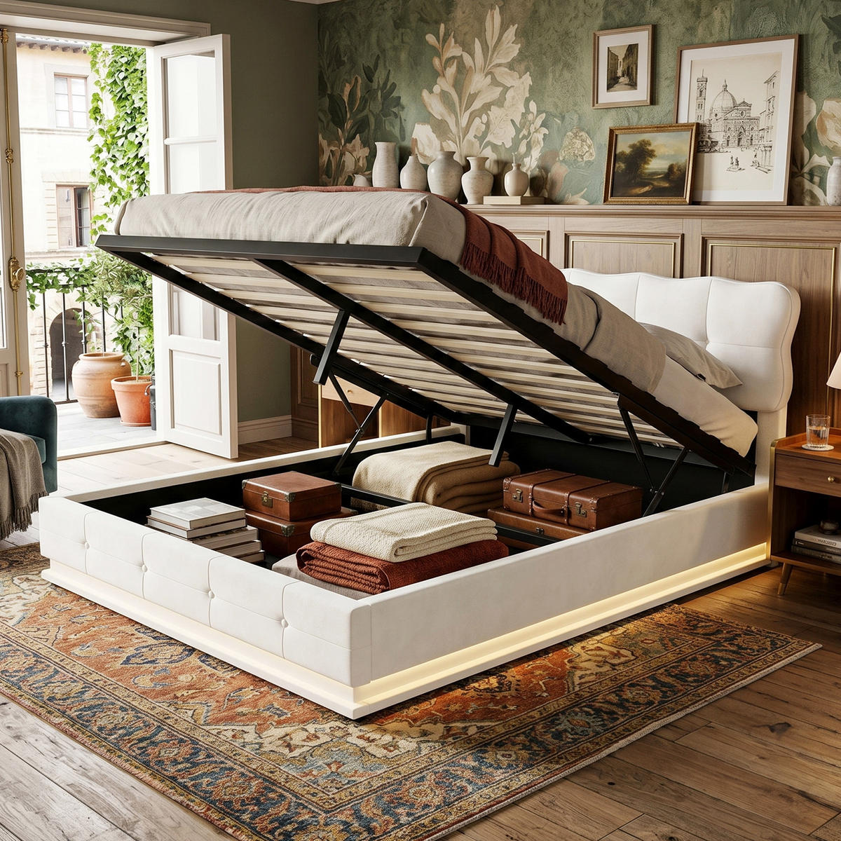 POLSTERBETT Wellen-Design 160/200 cm mit Bettkasten & LED Samtoptik Beige - Beige, Textil (160/200cm) - Creahappy