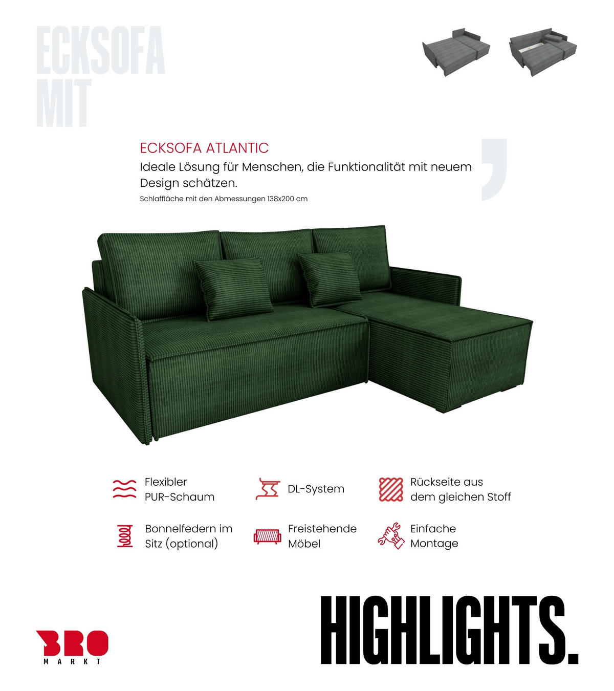ECKSOFA Atlantic mit Schlaffunktion Grün Cord - Grün, Textil (238/141cm) - Bromarkt