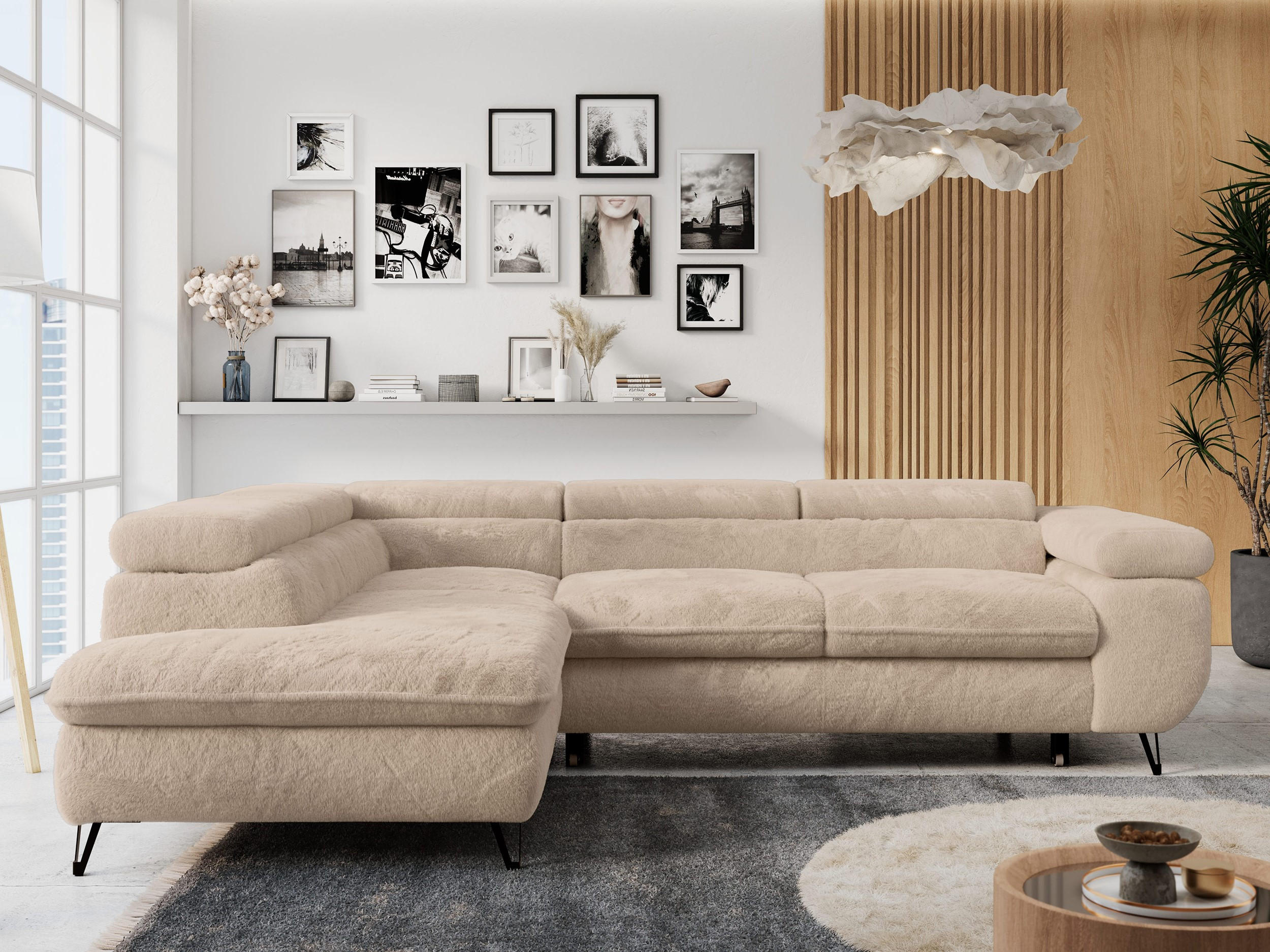 ECKSOFA PETER L Beige Plüsch - Links Seite - Beige/Schwarz, Textil/Metall (208/273cm) - MKS