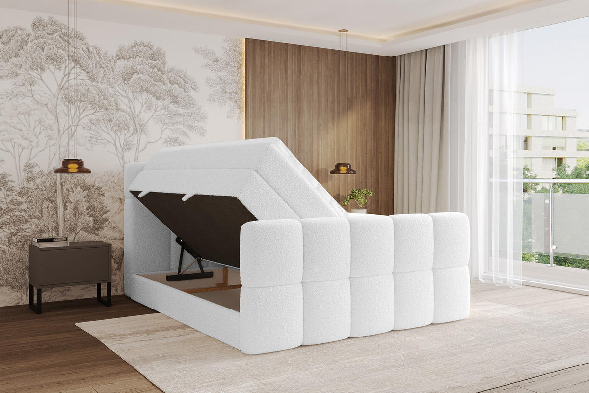 BOXBETT mit Matratze H3/H4 - FAMA-Z KING - 160x200 cm Weiß Quelle - Weiß, Holzwerkstoff (160/200cm) - ALTDECOR