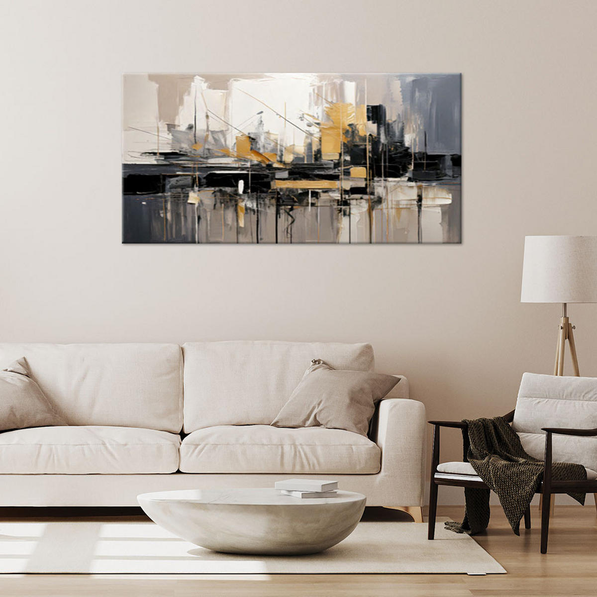 LEINWANDBILD Stadt Abstraktion Gold 80x40cm - Beige, Textil (80/40cm) - Feeby