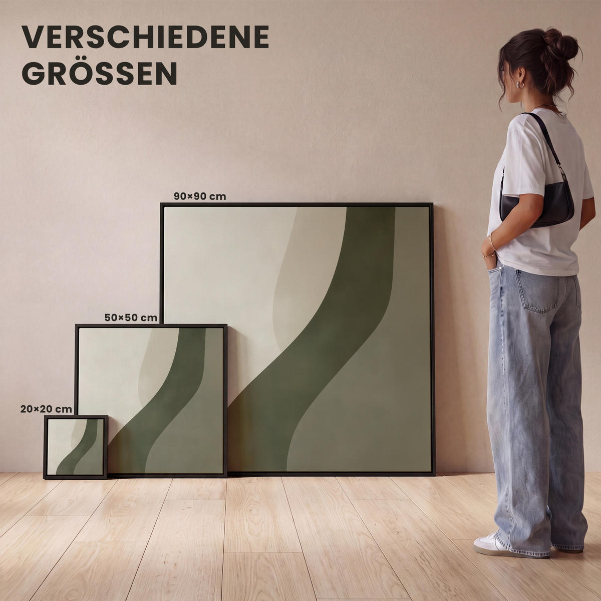 LEINWAND Bilder mit Rahmen - Japandi - Grün - Abstrakt - Modern - 20x20 - Salbeigrün, Textil (20/20cm) - MuchoWow