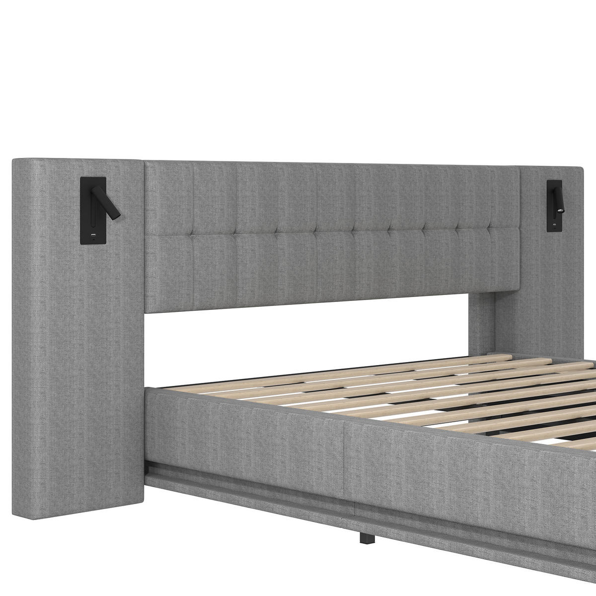 POLSTERBETT 180x200cm Grau Leinen LED-Leiste Kopfteil Spot USB - Grau, Holz (180/200cm) - FLIEKS