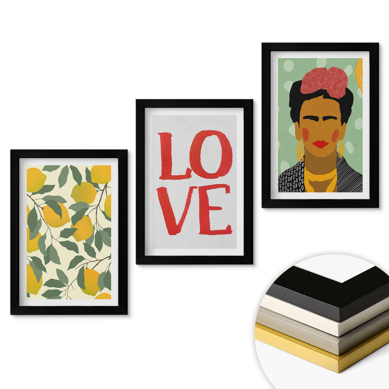 WANDBILDER 3er-Set - 20x30 cm Schwarzer Rahmen - Lemons LOVE Porträt von Frida - Schwarz, Kunststoff (20/30cm) - ArtPrintCave