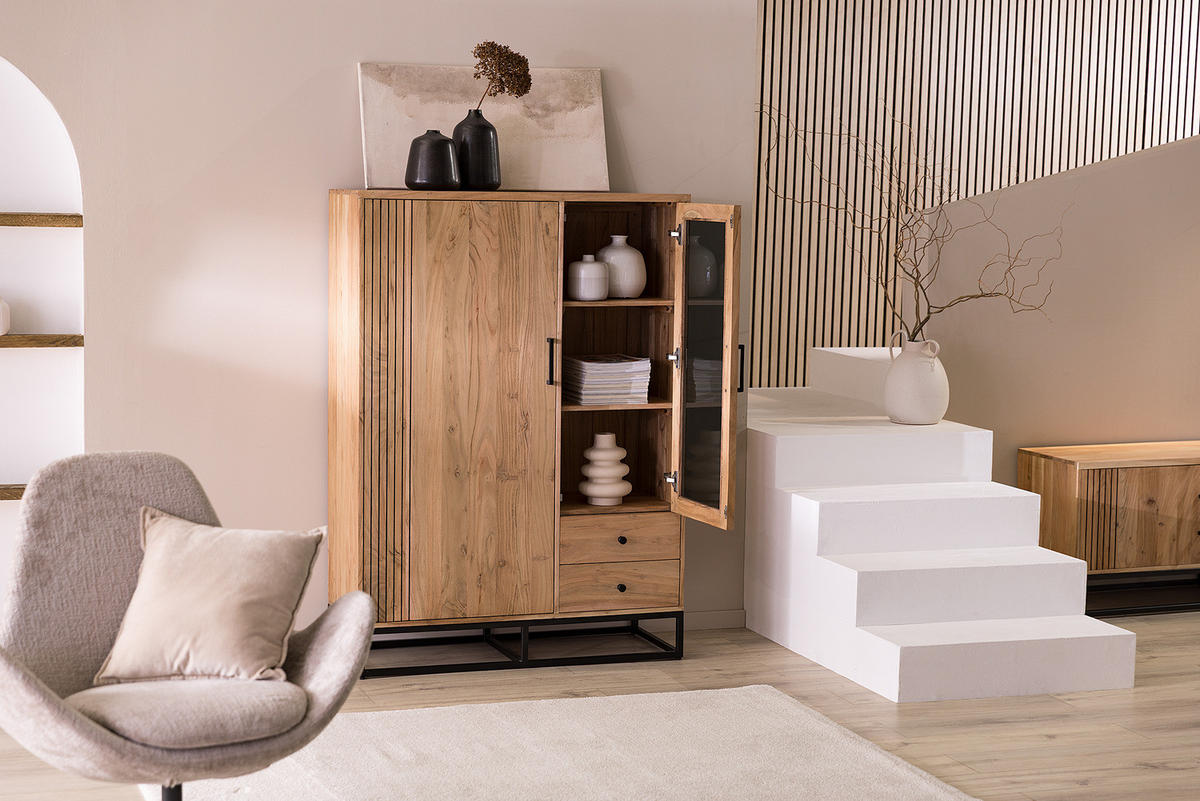 MASSIVES HIGHBOARD - Akazie / Schwarz - Schwarz/Braun, Holz/Metall (105/146/42cm) - home24