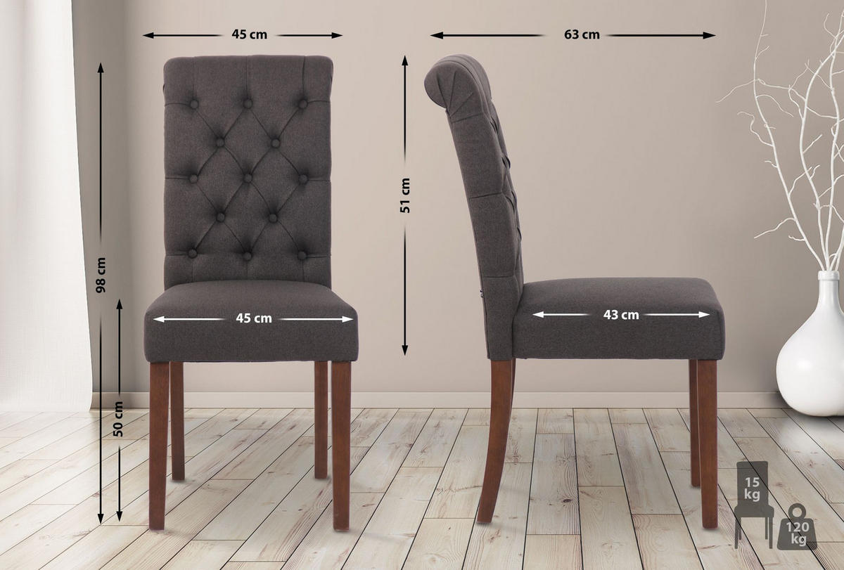 STUHL 2er Set Stoff dunkelgrau - Dunkelgrau/Walnussfarben, Holz/Textil (45/98/63cm) - CLP