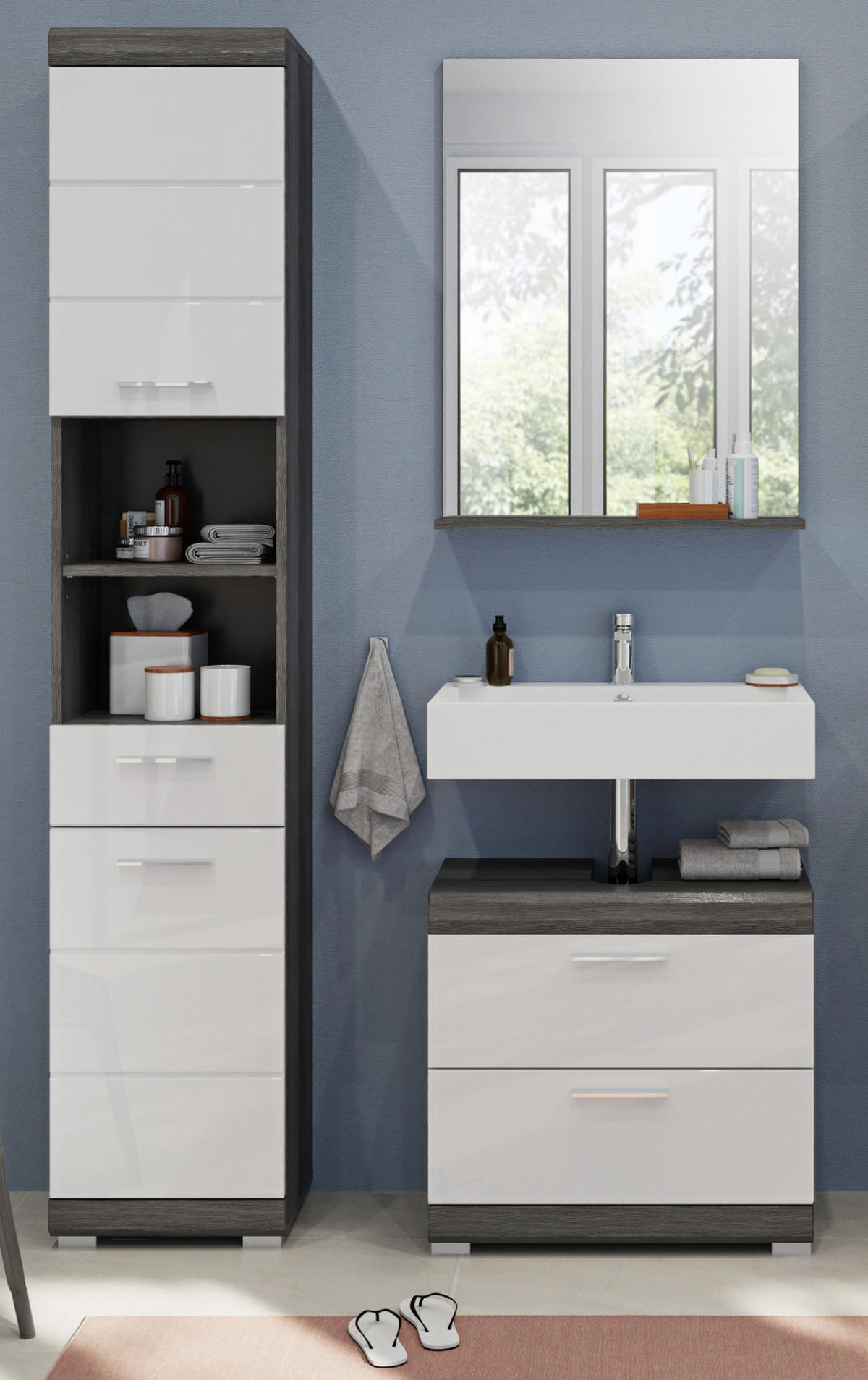 BADMÖBEL-SET weiß Hochglanz, grau 3-teilig 112 cm, Kombination mit viel Stauraum - Weiß Hochglanz/Grau, Holzwerkstoff (112/191/34cm) - Inn.Furn