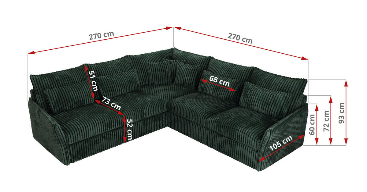 ECKSOFA VERSO L Grün Cord - Schwarz/Grün, Kunststoff/Textil (270/270cm) - MKS