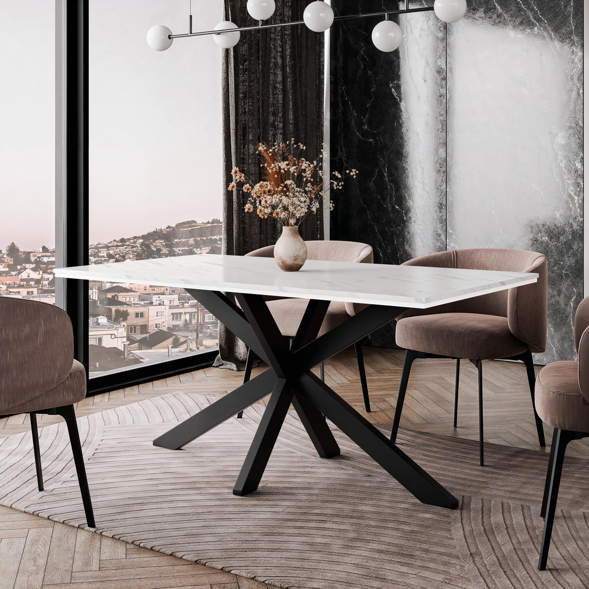 ESSTISCH 160 cm in Weißen Marmor-Optik - Weiß Hochglanz, Metall (90/160/77cm) - Home Collective