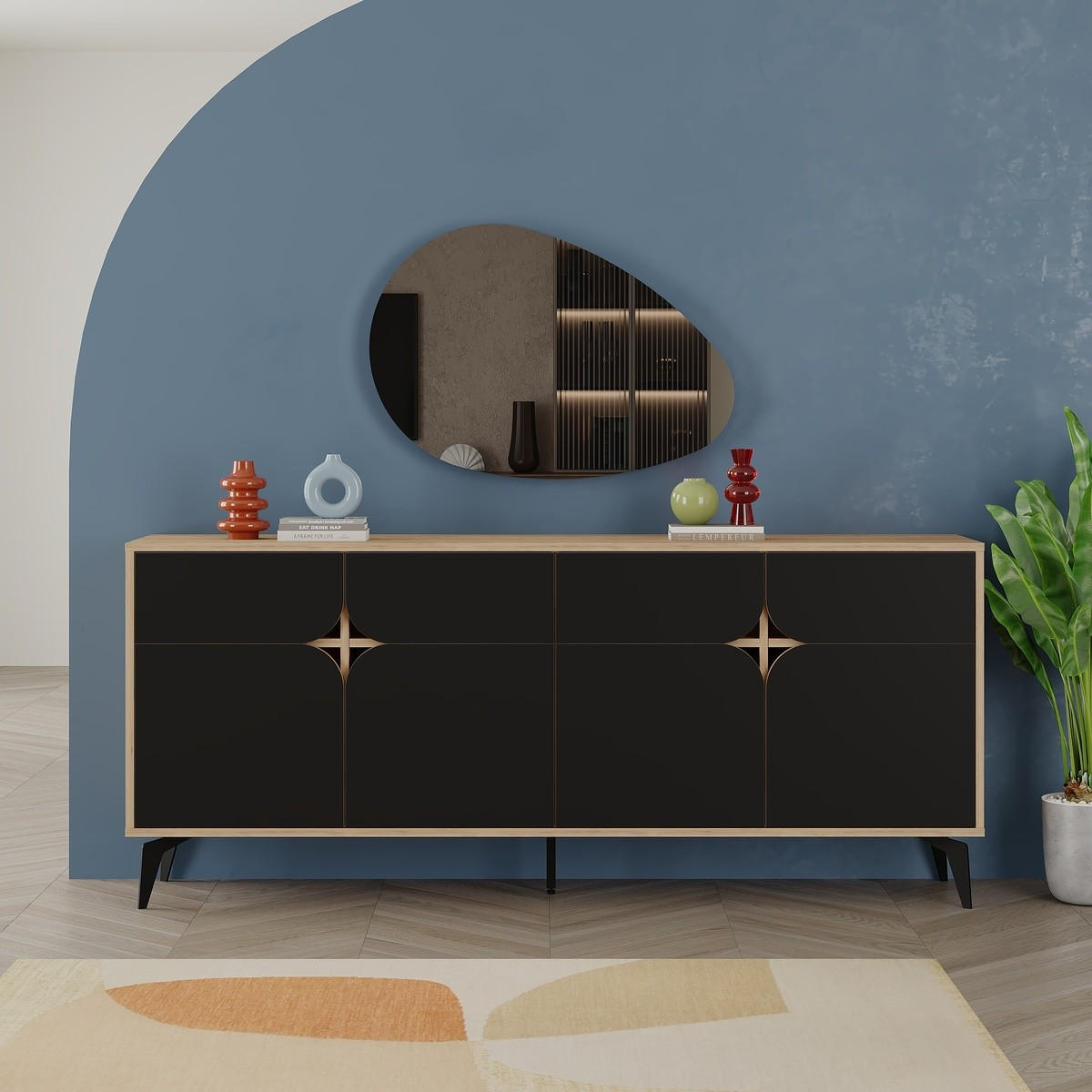 SIDEBOARD 4 Türen mit Metallfüßen B185 cm - FLORA - Eschefarben, Holzwerkstoff (40/79/185cm) - Calicosy