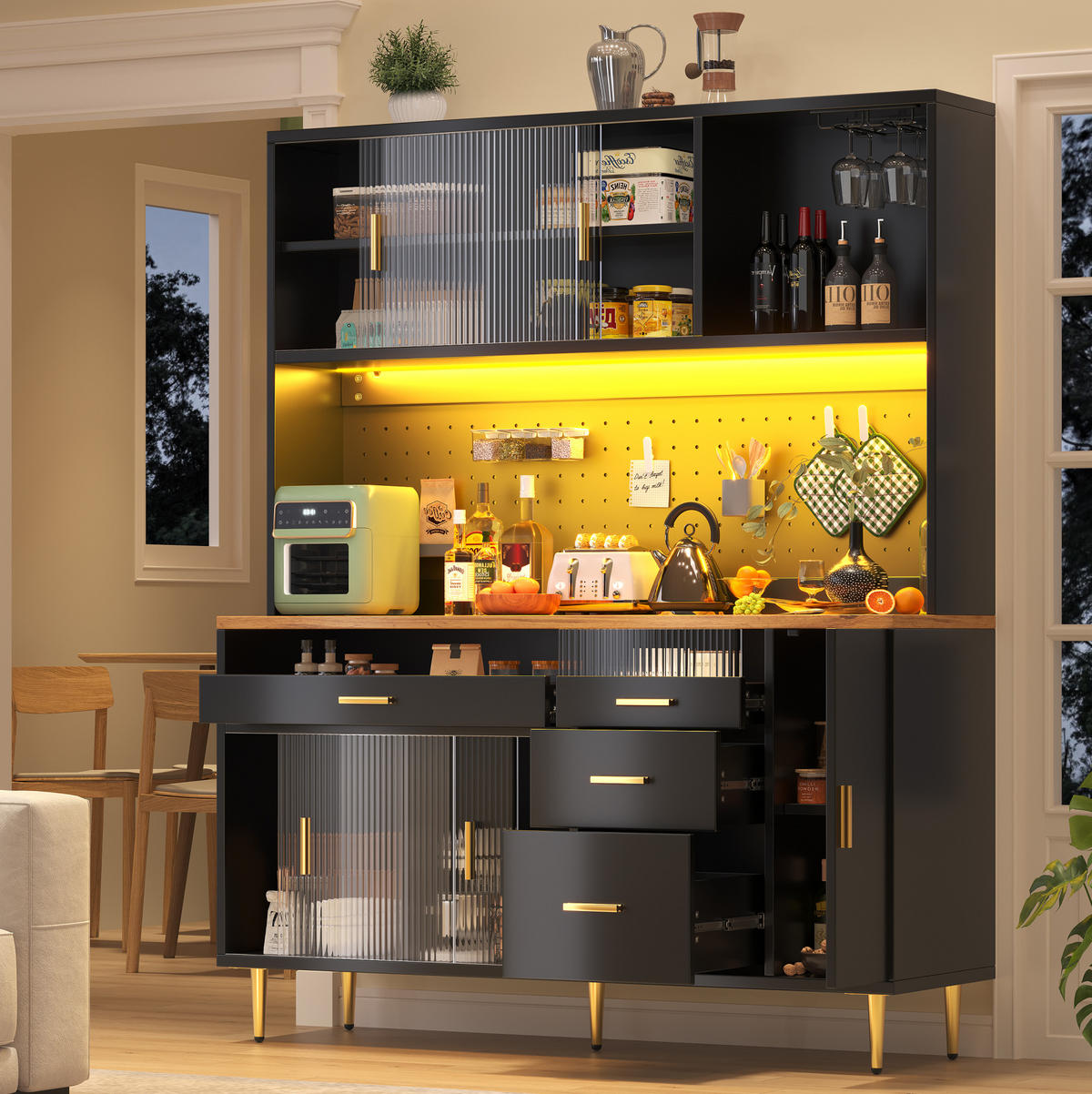 BUFFET 145/39/171 cm in Schwarz mit LED-Beleuchtung und Glasschiebetüren - Schwarz, Glas (145/171/24cm) - Flora Grace