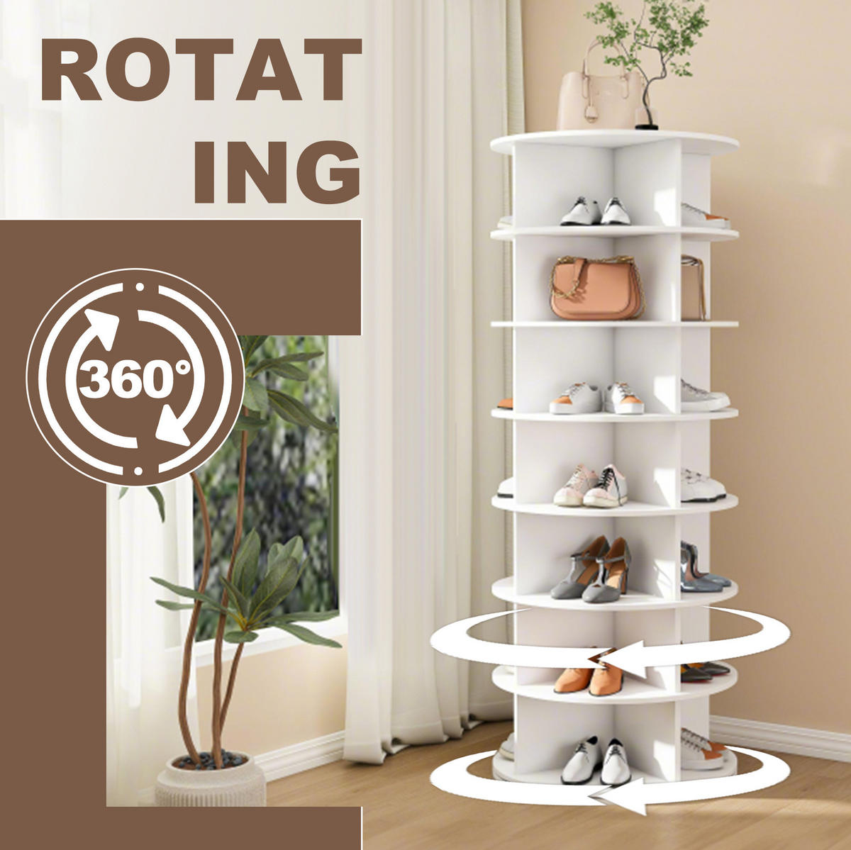SCHUHREGAL 60/60/161 cm in Weiß, drehbar mit 7 Ebenen - Weiß, Kunststoff (60/161/60cm) - Flora Grace