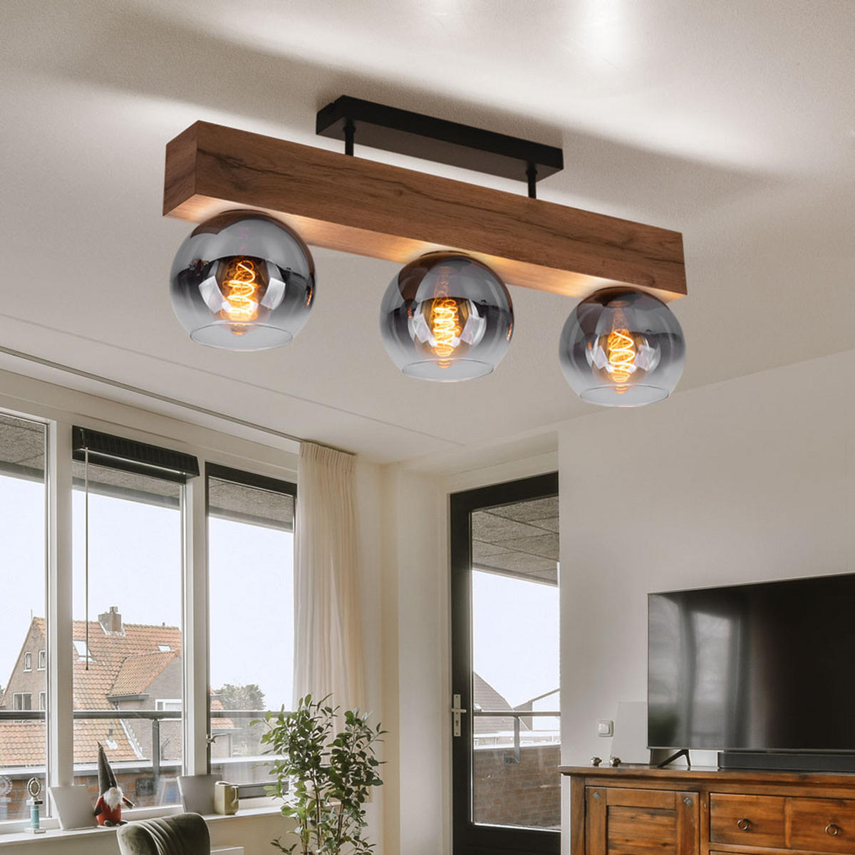 DECKENLEUCHTE MOITAS Braun Holzoptik - Braun, Glas (65/15/28cm) - Globo Lighting