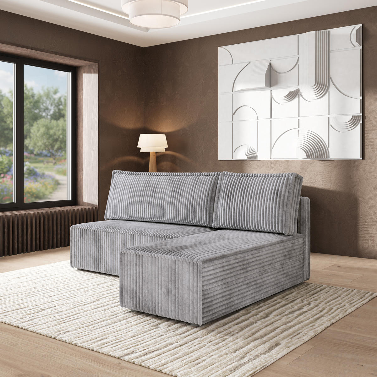 ROHOVÁ SEDAČKA BRISO světle šedá - šedá/světle šedá, dřevo/textil (200/140cm) - MASSENO