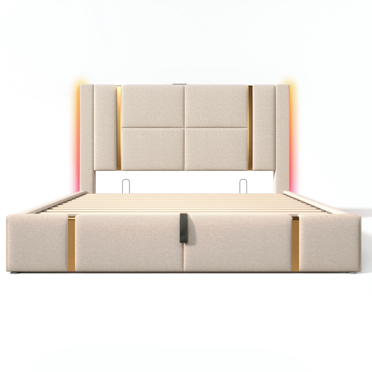 POLSTERBETT Leinen Beige mit LED USB Typ C Stauraum 160×200 cm - Beige, Holzwerkstoff/Textil - Urban Meuble
