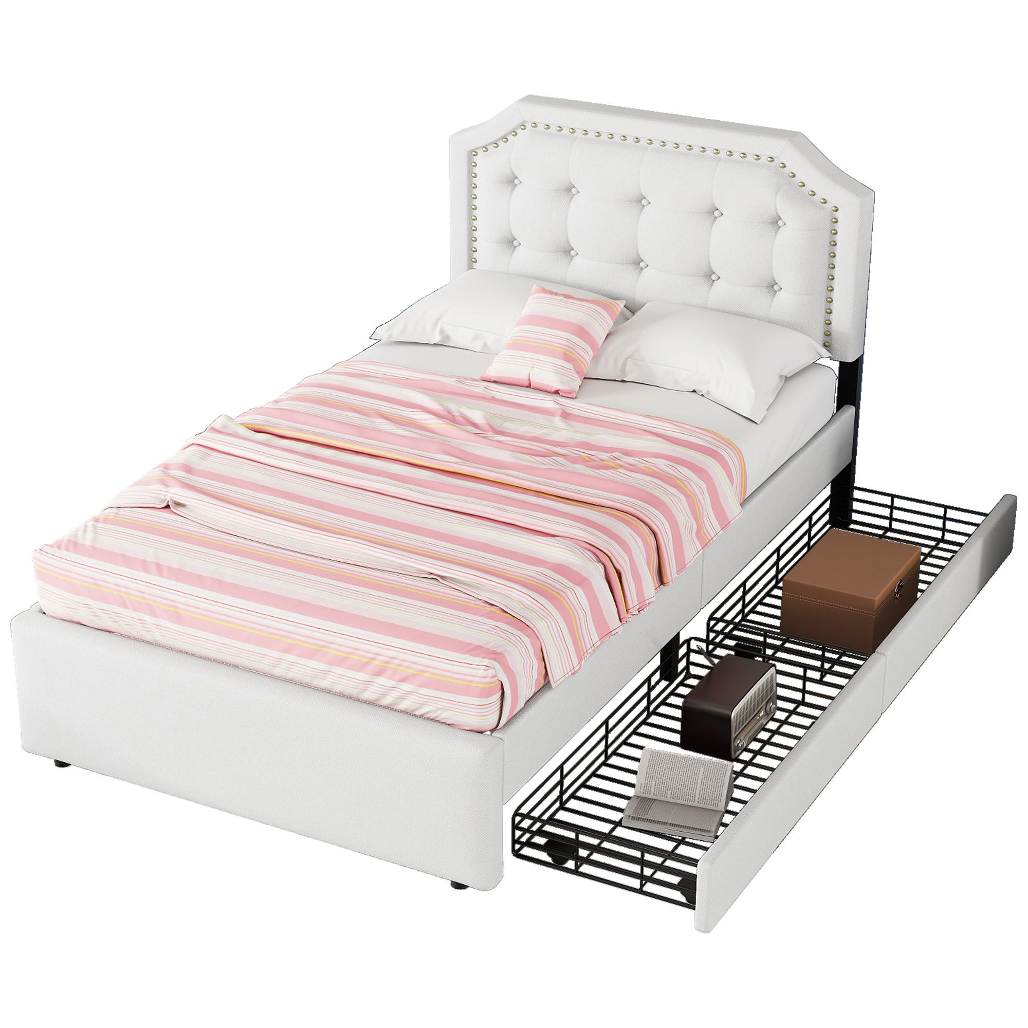 POLSTERBETT 90/200 cm Hellbeige mit Schubladen und dekorativen Nieten - Ecru, Holzwerkstoff (90/200cm) - OKWISH