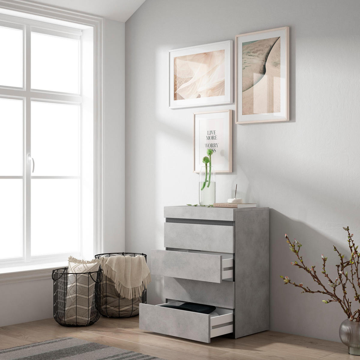 KOMMODE mit Schubladen, Sideboard Schrank, zementgrau, 35/57/75cm - Grau, Holzwerkstoff (57/75/35cm) - Skraut Home
