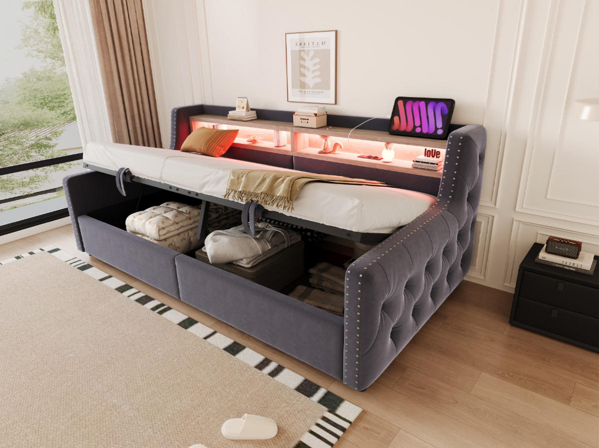 POLSTERBETT 90/200 cm Grau aus Samt mit Stauraum und LED-Beleuchtung - Grau, Textil (90/200cm) - OKMYHOME