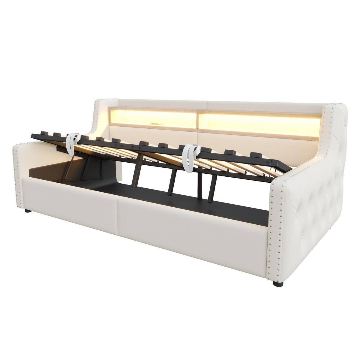 POLSTERBETT 90x200 Beige LED Stauraum - Beige, Textil (90/200cm) - FLIEKS