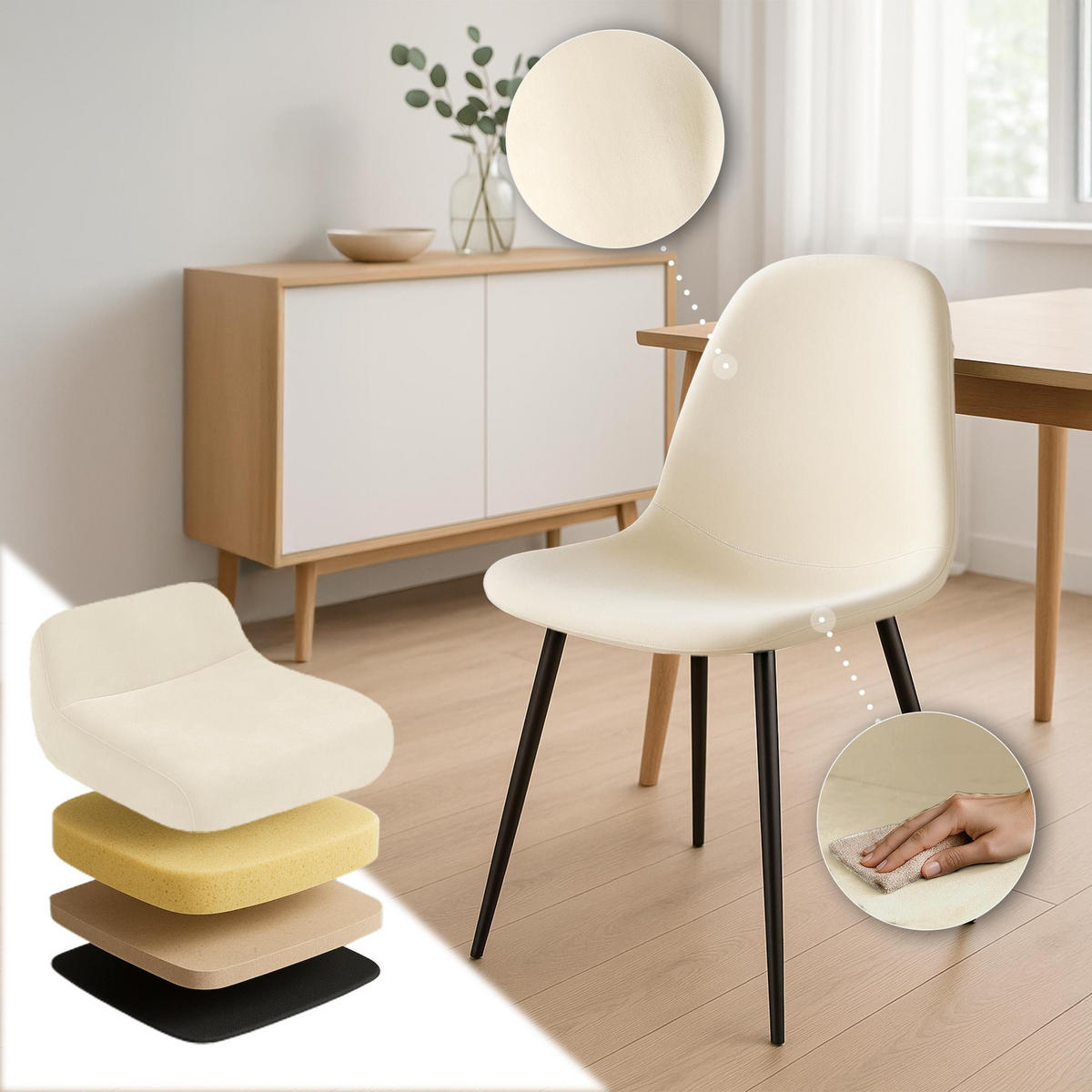 STUHL 4er Set Samt Creme - Creme/Schwarz, Textil/Metall (44/88/51cm) - CLP