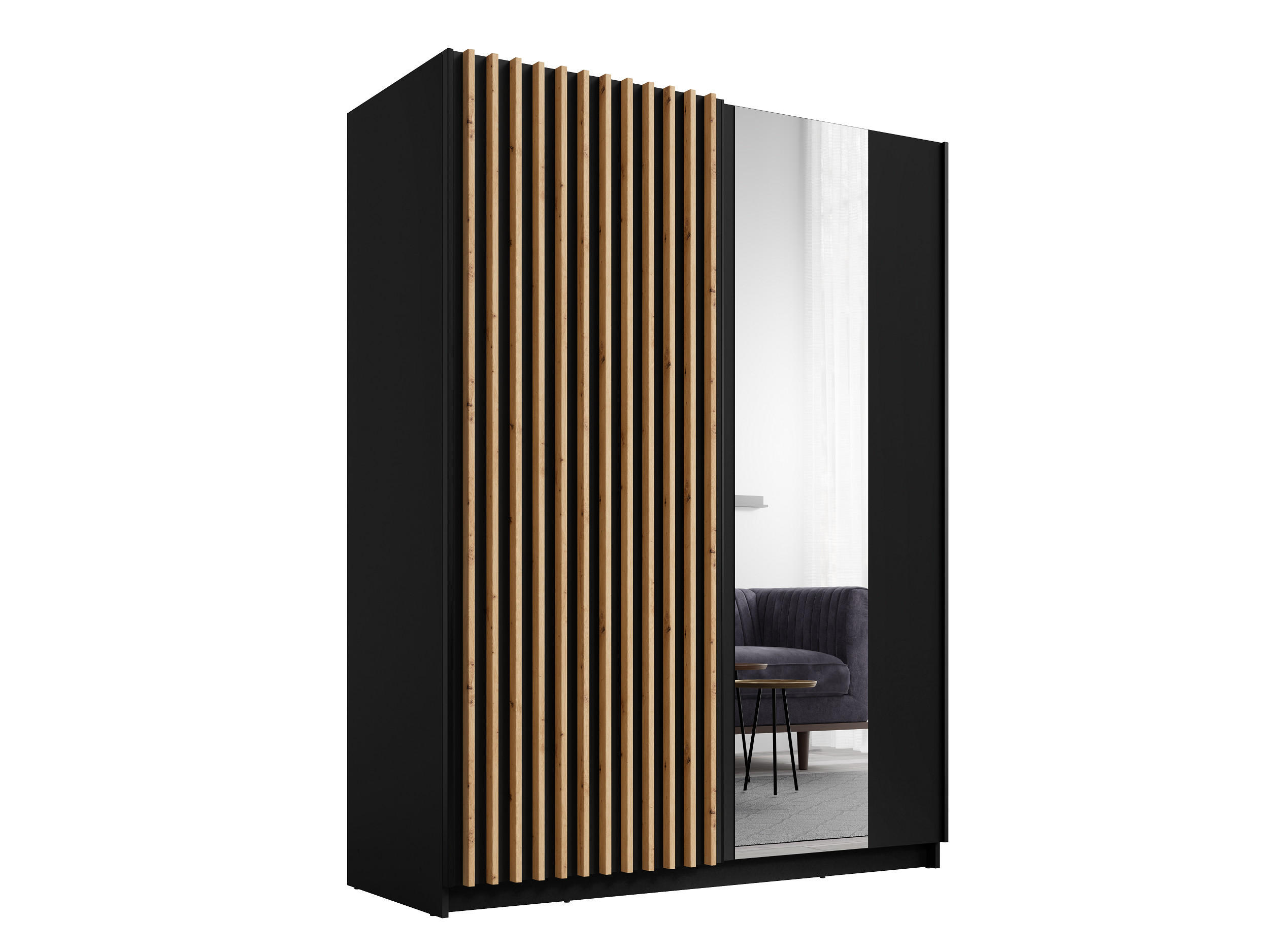 SCHIEBETÜRENSCHRANK DIVORA 10 -150,6×198,5×55 cm mit Spiegel, Regalen & Kleiderstange Schwarz - Schwarz, Holz/Holzwerkstoff (150.6/198.5/55cm) - Milaros Markt