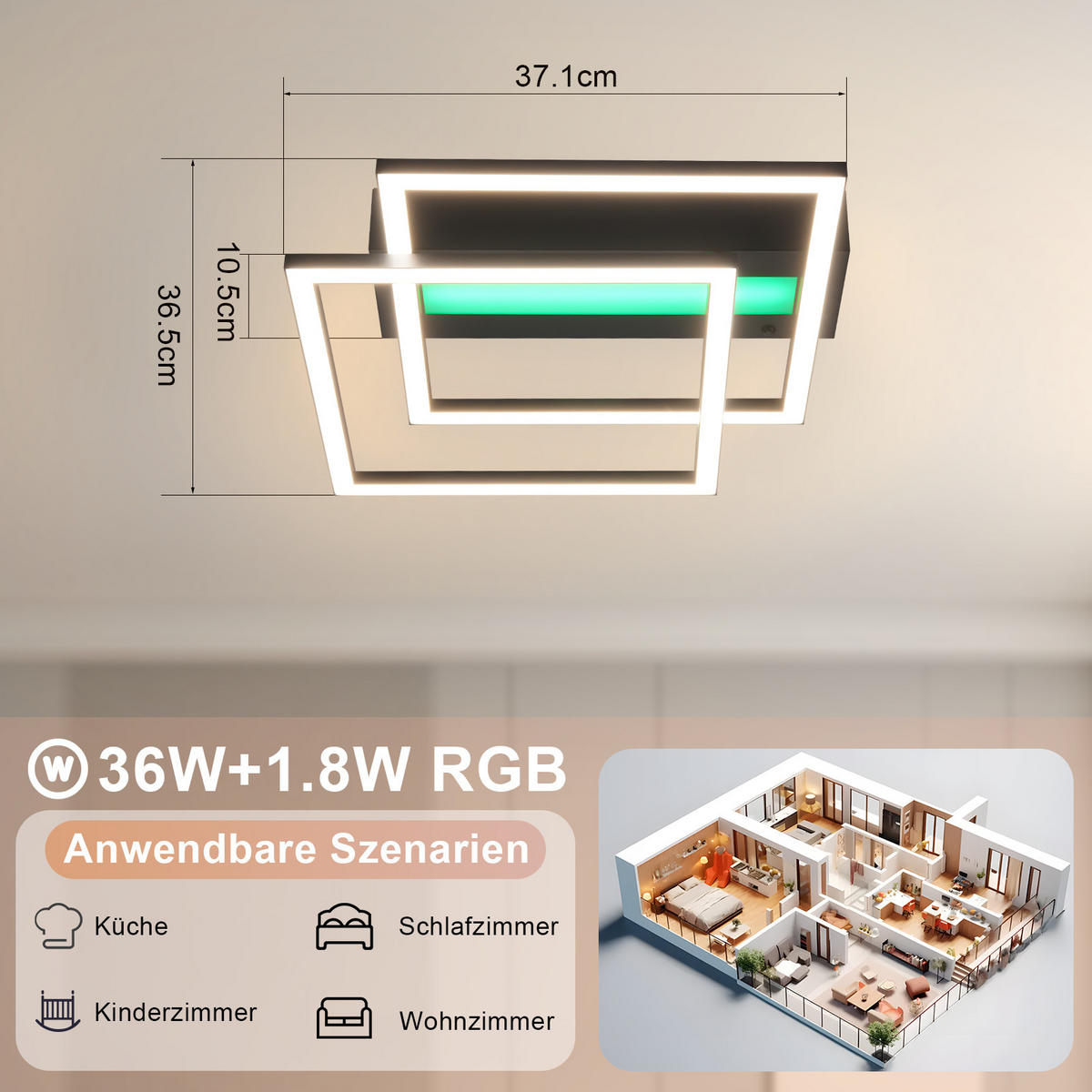 LED-DECKENLEUCHTE Jovarn 37/37/7.5 cm - Schwarz, Metall (37/37/7.5cm) - ZMH
