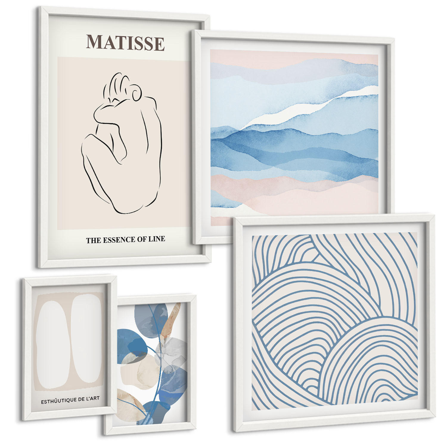 BILDER SET 5er Set - 50x50 cm & 20x30 cm & 40x60 cm Weißer Rahmen - Matisses abstrakte Formen - Weiß, Kunststoff (40/60cm) - TULUP