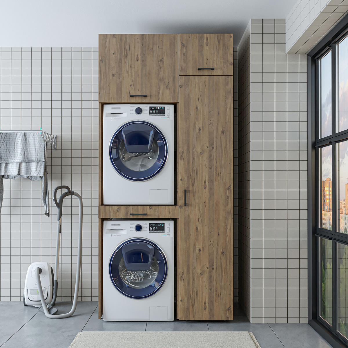 WASCHMASCHINENSCHRANK DUO-I 112cm Breit, 240cm Hoch - Eichefarben, Holzwerkstoff (112/240/67cm)