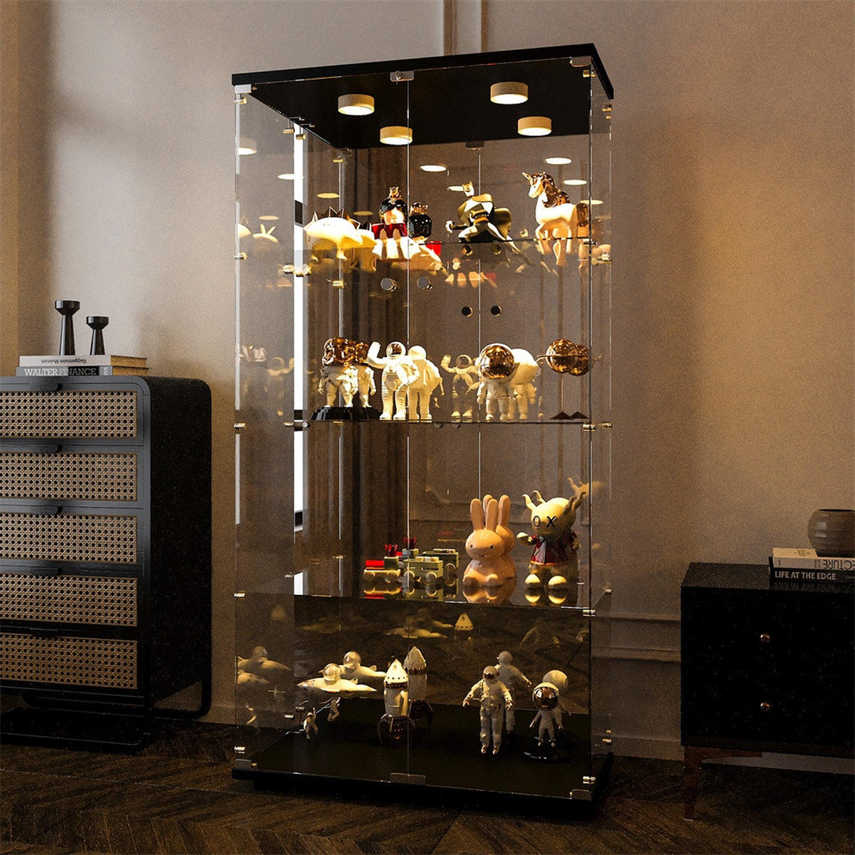 VITRINE - Glasvitrine mit 2 Türen und 4 Ebenen - mehrfarbige Beleuchtung - Schwarze Decken- und Bodenplatte - Schwarz, Glas (80.5/164/36.3cm) - DELFA