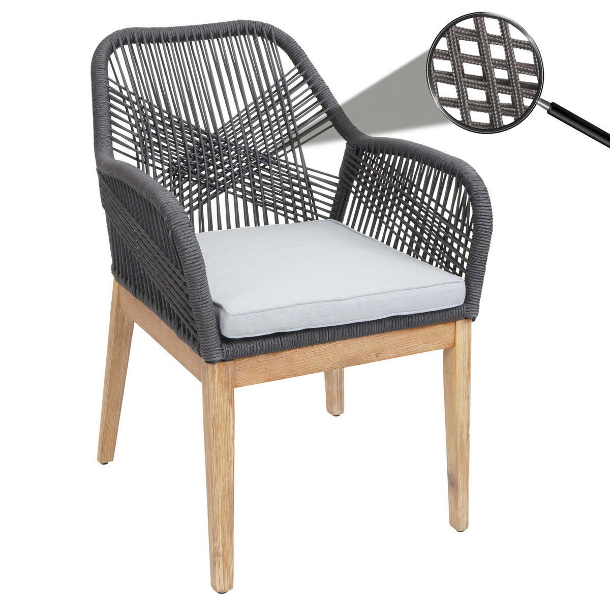 GARTENSTUHL HxBxT 85x58x59cm Sitzhöhe 47cm wetterfest Seilgeflecht Rope Holz Akazie Dunkelgrau Kissen Hellgrau - Dunkelgrau, Holz (58/85/59cm) - PROREGAL