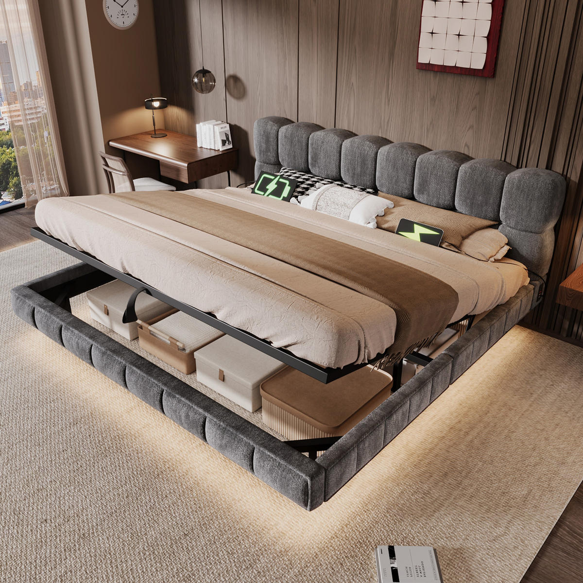 ČALÚNENÁ POSTEĽ 180 × 200 cm v sivej farbe s úložným priestorom, LED osvetlením a USB, zo ženilky - čierna/sivá, kov/kompozitné drevo (180/200cm) - CHICFURN