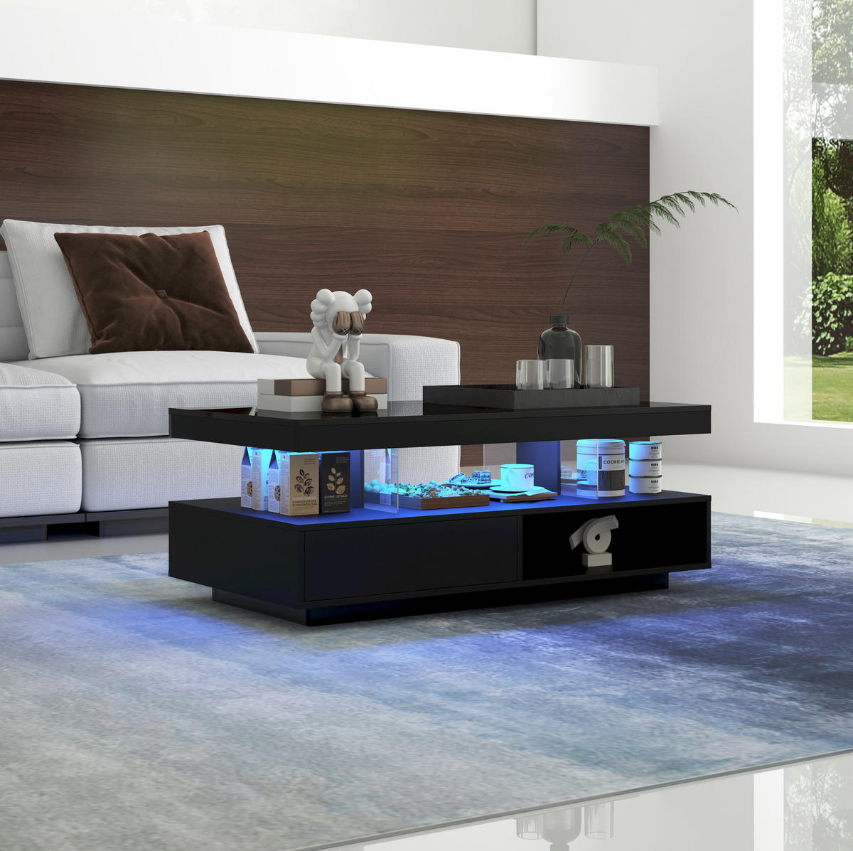 COUCHTISCH mit LED 95x50x42,5 cm Hochglanz Schwarz mit 2 Schubladen - Schwarz, Holzwerkstoff (95/50/42.5cm) - Meubliv