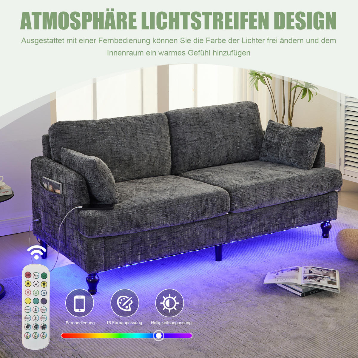 2-SITZER 175/83/78 cm grau aus Chenille mit USB, LED und Tasche - Grau, Textil (175/78/83cm) - OKWISH