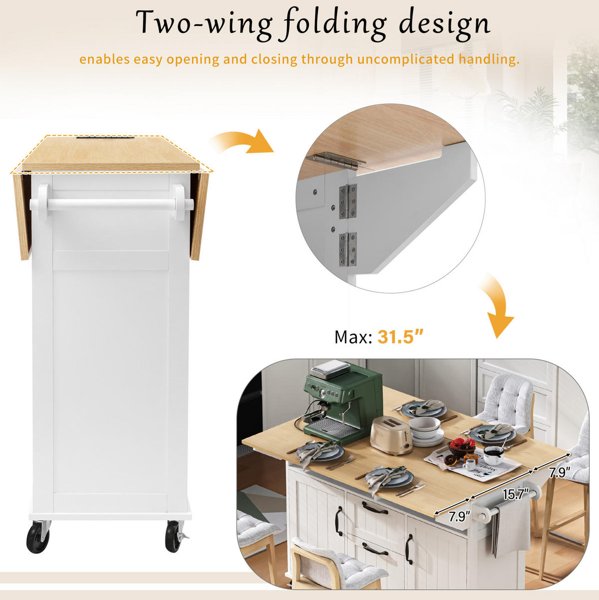 KÜCHENINSEL 120/92/40-60-80 cm Weiß/Natur aus MDF und PB mit klappbarer Arbeitsfläche - Weiß, Holzwerkstoff (80/92/120cm) - OKMYHOME