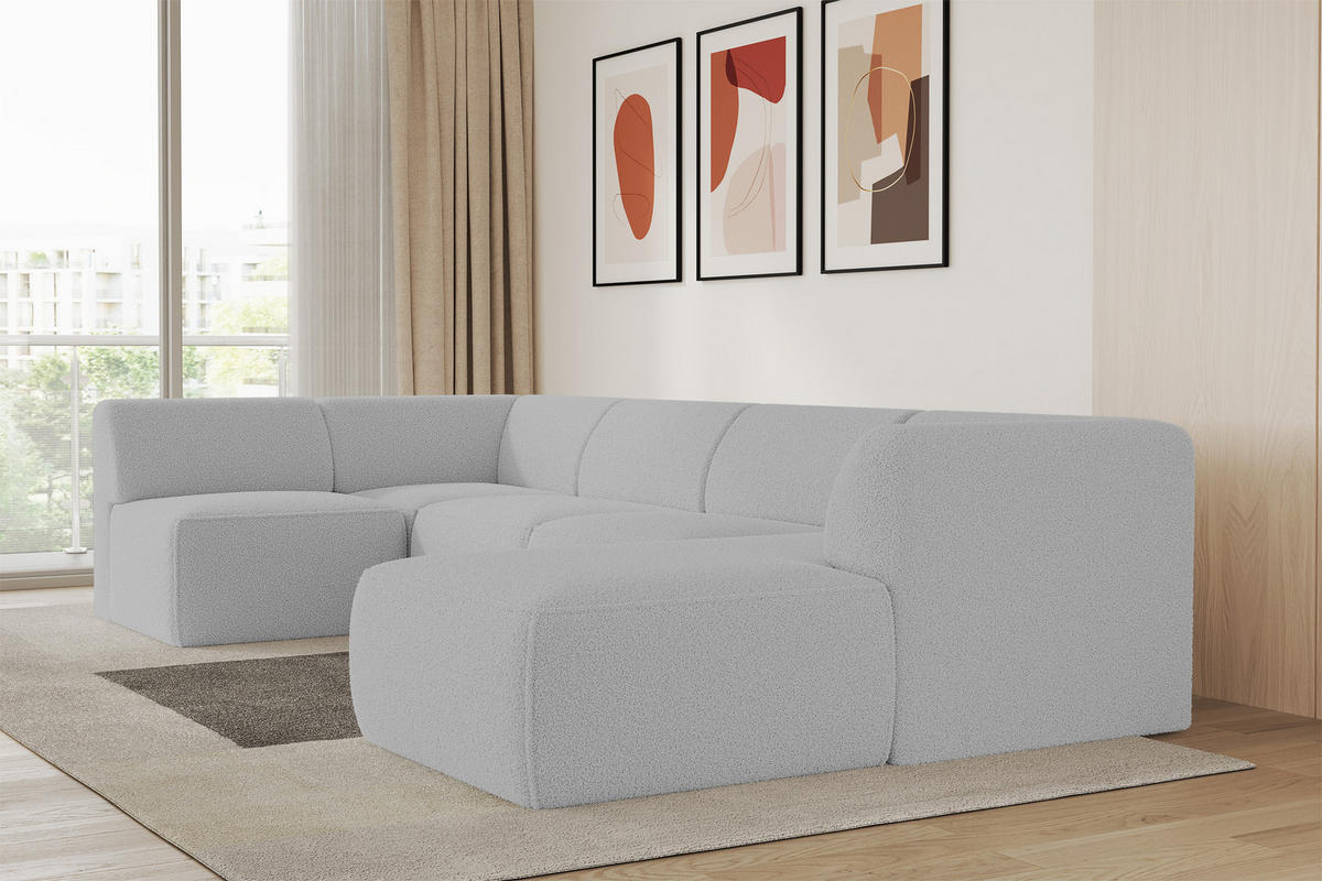 WOHNLANDSCHAFT Ottomane Rechts MOVO-L 345x180x78 cm Hellgrau Bouclé - Anthrazit, Holzwerkstoff/Kunststoff (180/78/345cm) - ALTDECOR