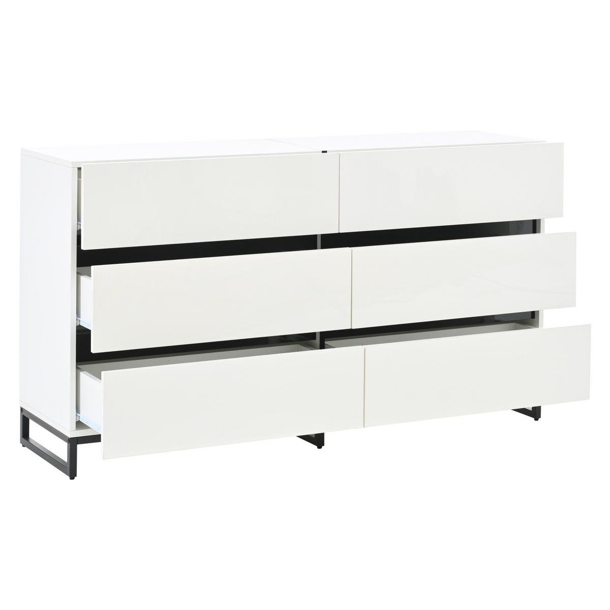 SIDEBOARD Weiß, 140/39,5/78,5 cm, aus Spanplatte und Metall, mit 6 Schubladen und Hochglanzfront - Schwarz/Weiß, Holzwerkstoff/Metall (140/78.5/39.5cm) - CHICFURN